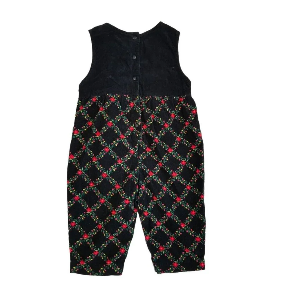 Vintage 90s Gymboree Girls 12-18 Months Corduroy Floral Black Jumpsuit One Piece